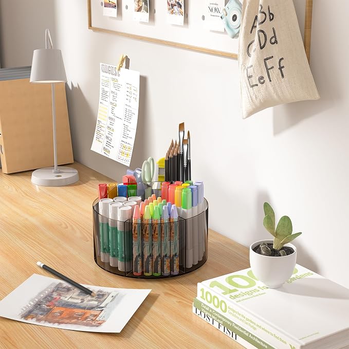 Mefirt Acrylic Pen Organizer, 360 Degree Rotating Desk Organizer with 6 Compartments Crayon Holder for Office, School, Home, Art Supply, Grey - Image 3