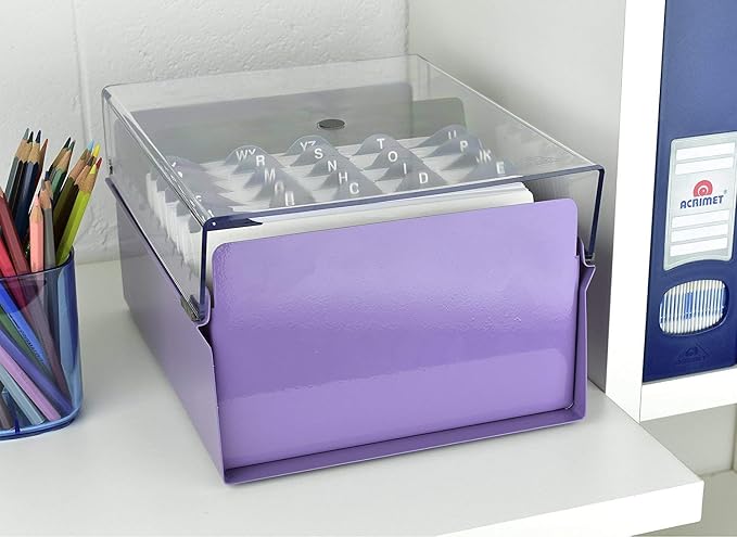 Acrimet 5 X 8 Card File Holder Organizer Box Metal Base Heavy Duty (AZ Index Cards and Divider Included) (Purple Color with Clear Crystal Plastic Lid Cover) | With A-Z Index & Non-Slip - Image 3