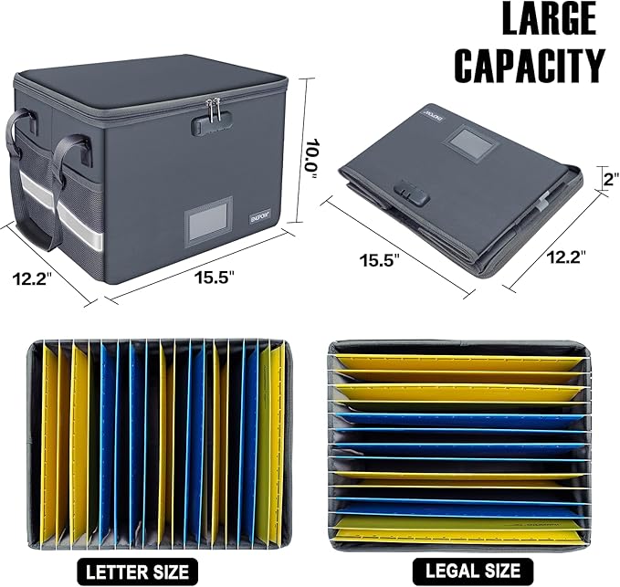 ENGPOW File Box with Lock, Fireproof Document Box with Pockets, Collapsible File Organizer Filing Storage Cabinet with Handle, Portable Home Office Safe for Hanging Letter/Legal Folders,Gray,2 Pack - Image 5