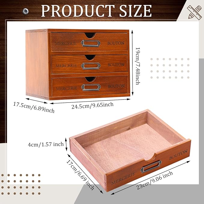 Wesiti Small Wooden Desk Organizer with 3 Drawers, Compact Vintage Apothecary Storage Box for Jewelry, Makeup, Essential Oils, Rustic Trinket Organizer for Bedroom Dresser Vanity, Brown - Image 3