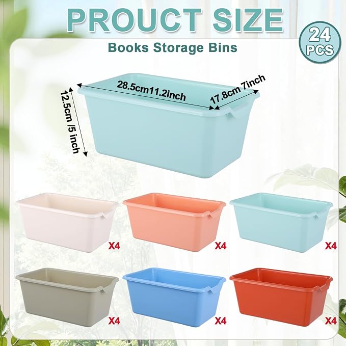 gisgfim 24 Pack Plastic Cubby Bins Classroom Book Bins Scoop Front Stackable Easy-to-Grip Toy Storage Tubs Containers for School Library Office Home Nursery Playroom Organization (Boho Color) - Image 2