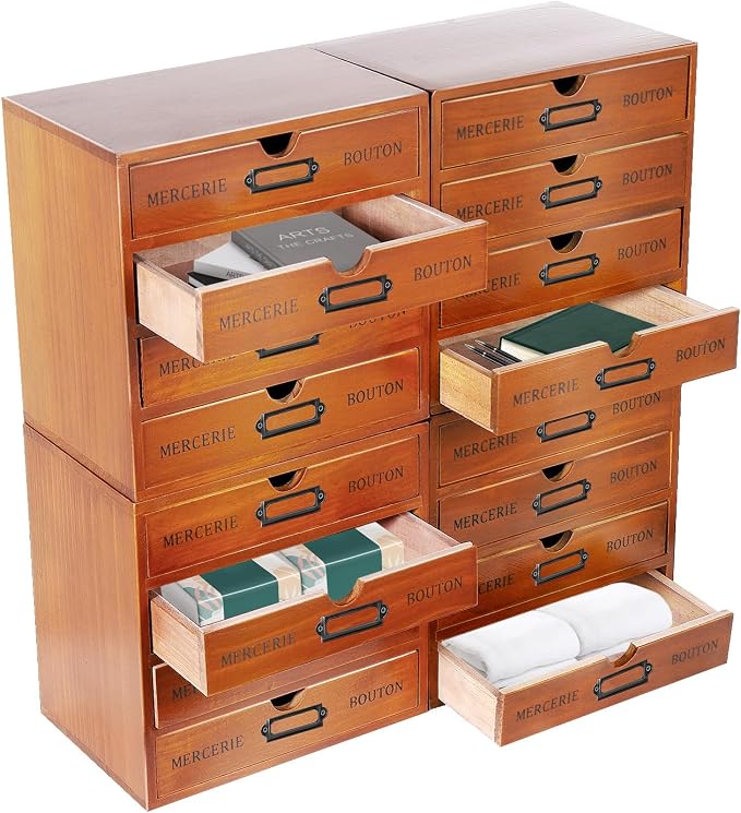 4 Pcs Vintage Wooden Drawer Organizer Set, 16-Drawer Desktop Storage Cabinet with Label Holders, Stackable Filing Box for Office, Home, Craft Supplies–Solid Pine Wood, No Assembly (Brown) by Unknown