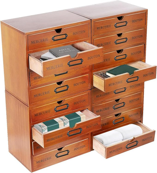 4 Pcs Vintage Wooden Drawer Organizer Set, 16-Drawer Desktop Storage Cabinet with Label Holders, Stackable Filing Box for Office, Home, Craft Supplies–Solid Pine Wood, No Assembly (Brown) by Unknown