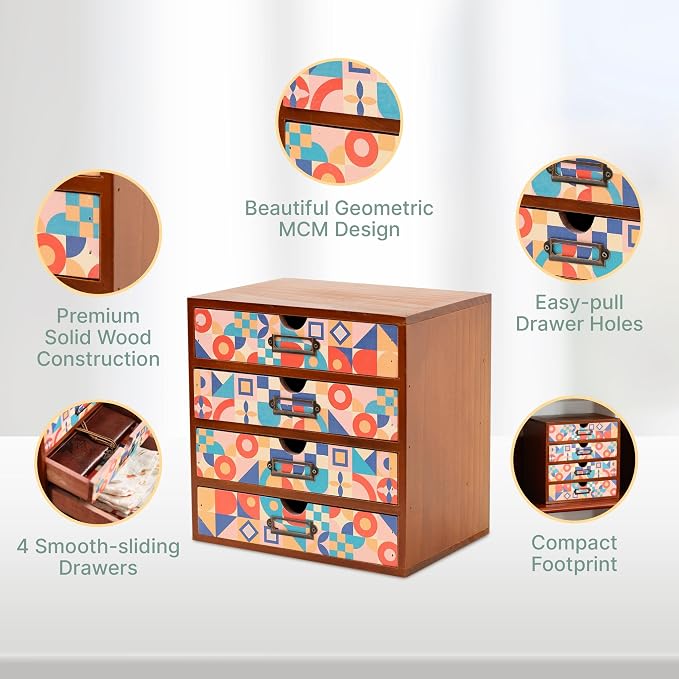 Add Color To Your Desk - MCM Geometric Wooden Desk Organizer - Desktop Storage with 4-Drawer - Wood Cabinet for Office Supplies, Craft Tools, & Home, Countertop, Tabletop Organization - Image 4
