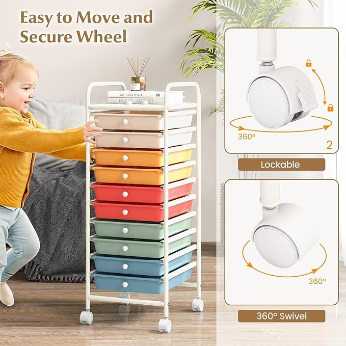 Storage Cart, Rolling Utility Cart with 10 Drawers, Portable Handles & Lockable Wheels, Mobile Paper Toys Storage Organizer Large Capacity for Home Office School Teacher (Macaron) - Image 4