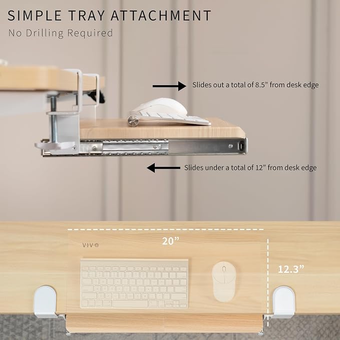 VIVO Small Clamp-on Computer Keyboard and Mouse Under Desk Slider Tray, 20 x 11 inch Pull Out Platform Drawer, Light Wood, MOUNT-KB05ES-A | Keyboard Tray for Typing, Slide Out Platform, Extra Sturdy C-Clamp Mount System, Computer Drawer, White Frame - Image 5