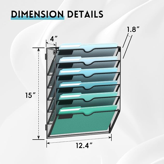 6-Tier Wall File Organizer, Wall Mounted Mail Sorter, 2 Pack | Metal Mesh Hanging File Organizer with Open Compartments and Label Panels for Papers and Folders at Home, Office or School - Image 2