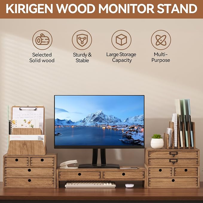 KIRIGEN Solid Wood Monitor Stand with 2 Drawers, Desk Riser, Brown PMJ-DBR | Desktop Organizer with Cable Opening and Pen Slots Stores Office Supplies, Supports Up To 50 Lb and Arrives Fully Assembled - Image 5