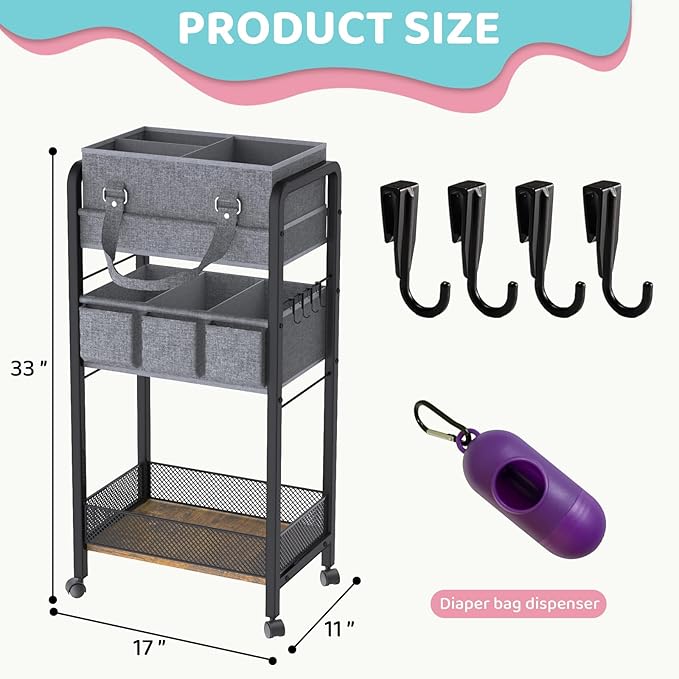 2IN1 Baby Diaper Caddy Organizer-3 Tier Rolling Storage Cart with Dividers - Bedside Diaper Caddy Cart for Baby Nursery Newborn Essentials-Mobile Utility Carts with Wheels for Changing Table - Image 2