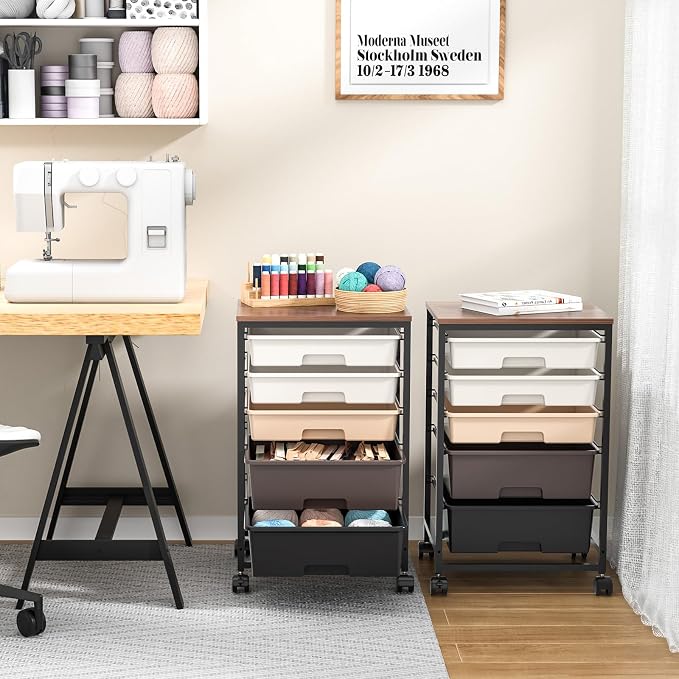SYKIARIOL Rolling Cart with Drawers, 5 Drawers Utility Cart, Dark Brown | 5-Tiers Storage Cart with Drawers with Lockable Wheels for Craft Organizers and Storage,Home Office,Classroom,Dorm,Playroom - Image 8