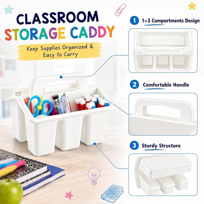 gisgfim 8 Pack Classroom Caddy Storage Basket with Handle 4 Compartment Storage Caddy Plastic Arts Crafts Caddies Protable Classroom Craft Caddies for Kids Schools Art Craft Supplies(White) - Image 3