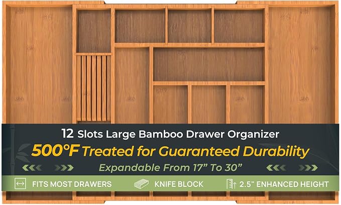 keechee Carbonized Large Bamboo Kitchen Drawer Organizer, 12 Slots Expandable Silverware Organizer, Utensil Holder & Cutlery Tray, 2.5" Deep for Extra Capacity, Non-Slip Feet Included by Keechee