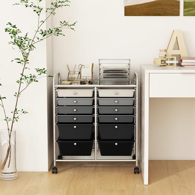 GOFLAME 12-Drawer Rolling Storage Cart, Multipurpose Organizer Cart with 2 Sizes Plastic Drawers, Mobile Utility Cart with Lockable Casters for School, Home Office, Beauty Salon, Gradient Grey - Image 9