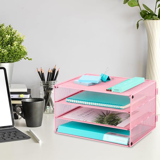 Paper Organizer Tray, 3 Tier Mesh Desk File Organizer Letter Sorter Holder for Home Office, Pink - Image 6