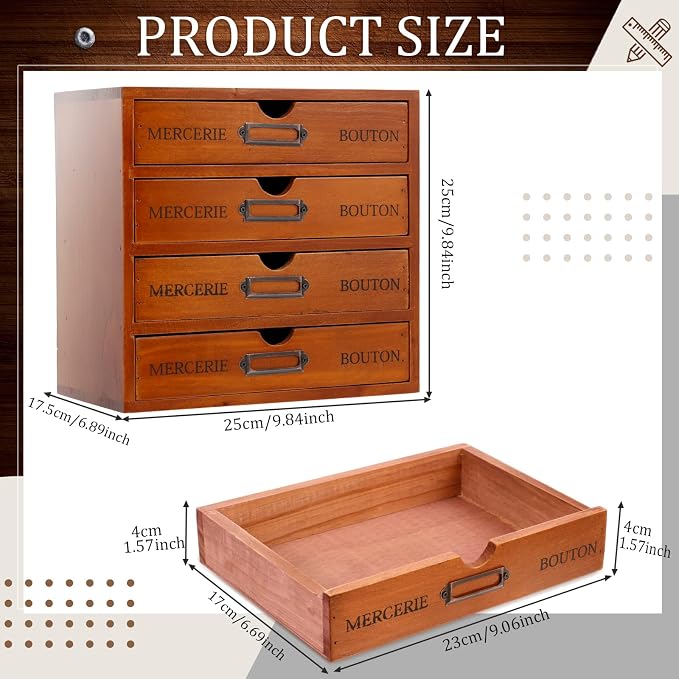 Wesiti Wooden Desk Organizer with 4 Drawers, Vintage Rustic Storage Cabinet for Home Office, Craft Room, Jewelry, Sewing Supplies - Apothecary Wood Desktop Drawer Box, Pre-assembled, Brown - Image 3