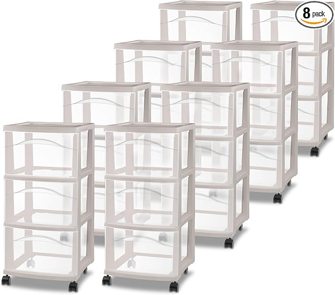 Sterilite 8 Pack 3 Drawer Storage Cart, Rolling Organization, Grey Pumice | Clear Plastic Organizer Drawers with Wheels for Craft Supplies, Bath Essentials, or Home Accessories by Sterilite