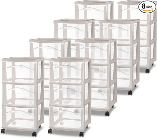 Sterilite 8 Pack 3 Drawer Storage Cart, Rolling Organization, Grey Pumice | Clear Plastic Organizer Drawers with Wheels for Craft Supplies, Bath Essentials, or Home Accessories by Sterilite