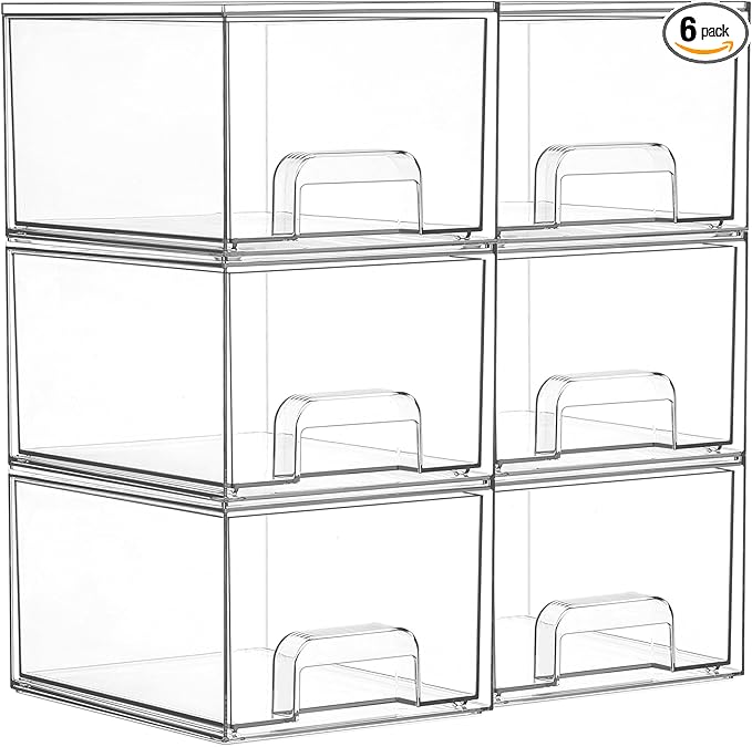 Vtopmart 6 Pack Small Clear Stackable Storage Drawers,Acrylic Bathroom Makeup Organizer,Plastic Storage Bins For Vanity, Undersink, Kitchen Cabinets, Pantry, Home Organization | Bathroom Makeup Organizer, Plastic Bins For Desk, Vanity, Undersink, Kitch... by Vtopmart