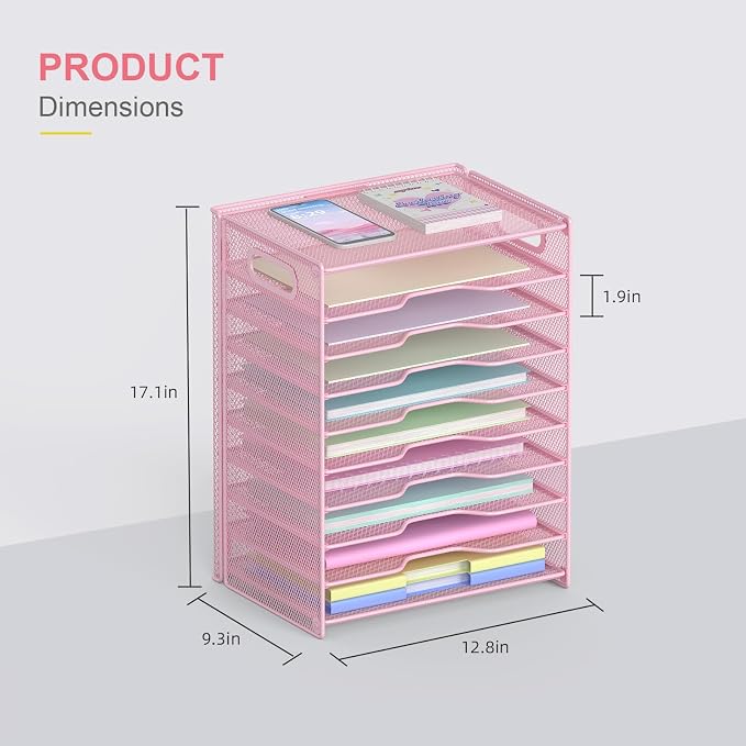 OUTWOLF 10 Tier Paper Organizer - Letter Tray Mesh Desk File Organizer with Handles for Office School Desktop, Pink - Image 3