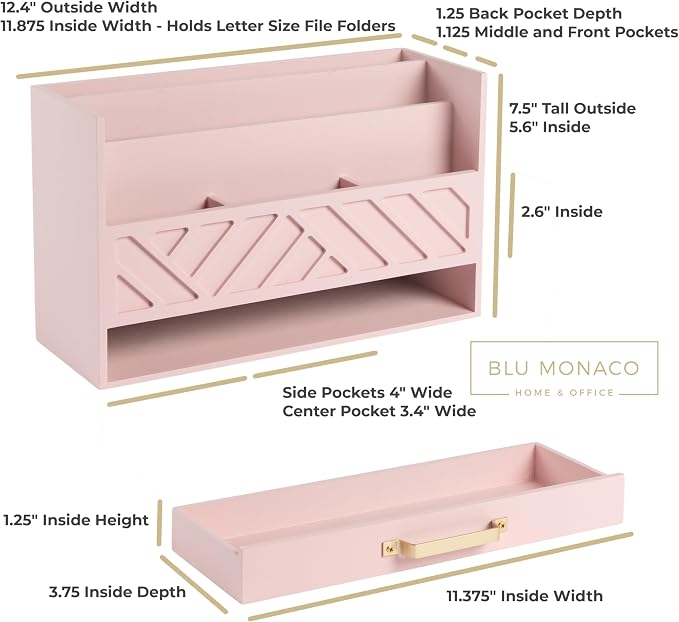 BLU MONACO | Pink Desk Organizers Wooden Mail Organizer with Drawer | Mail Sorter Organizer Countertop Gold Handle | Desk Organizers and Accessories Pink Office Storage - Image 2