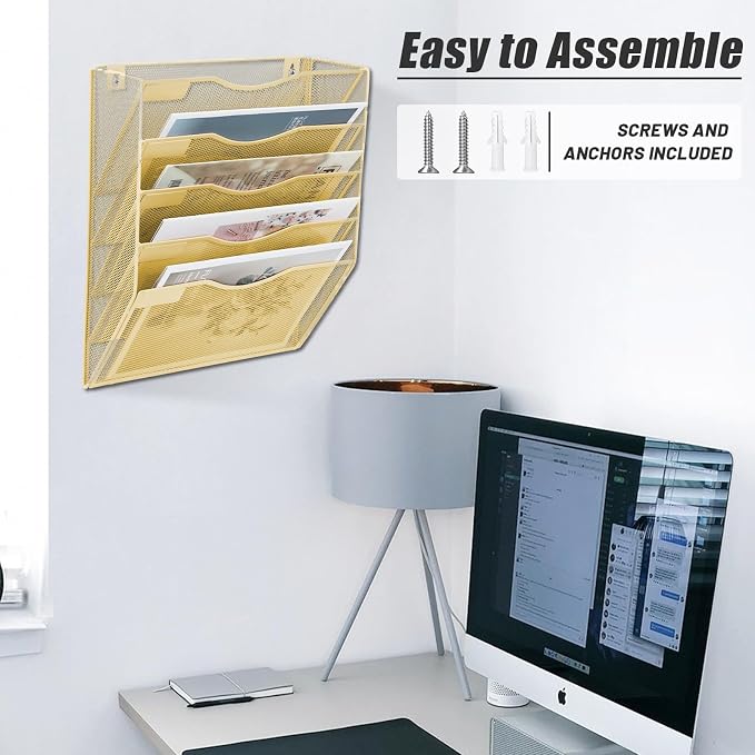 5 Pocket Mesh Hanging Wall File Organizer, Wall Mounted Mail Paper Document Folder Holder, Clipboard Storage Organization Magazine Rack with Nametag Label for Office Home School, Gold - Image 5