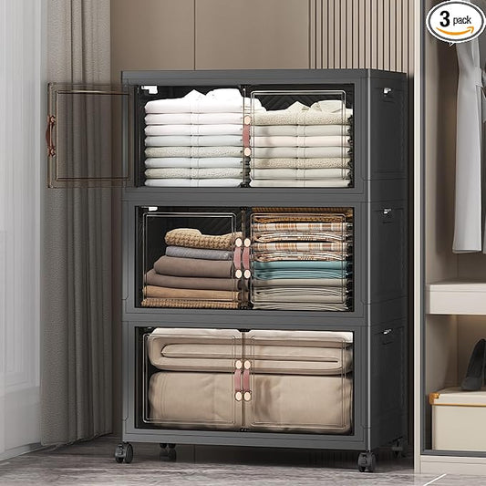 Stackable Storage Bins, 336QT Collapsible Drawers with 1 Lid | Large Capacity, Magnetic Door, Stack Lock, Rolling Wheels, Foldable Design, Organizers and Storage for Bedroom Dorm Garage by UAMFURIDirect