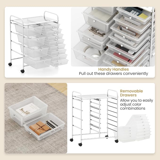 Giantex 12 Drawer Rolling Cart with Drawers, Storage Organizer Cart for Classroom Office School Teacher, Mobile Drawer Cart for Tools, Crafts, Small Printer, Clear - Image 5