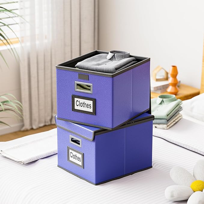 File Organizer Box with Lids, Collapsible File Folder Organizer | File Box with Plastic Slides for Document, Filing Bin for Letter Size Hanging File Folders (1 Pack, Navy Blue, Leather) - Image 5