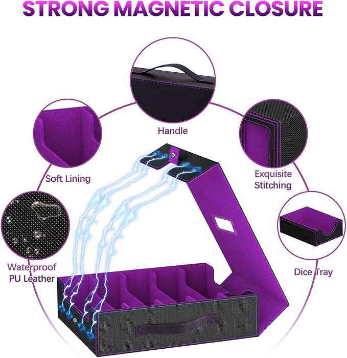 Trading Card Storage Box, 5 Row Card Deck Case with Commander Display & Portable Handle, 4200+ Card Deck Boxes Compatible for MTG TCG Magic Cards, 30 Divider, 8 Supporters, 1 Dice Tray(Black & Purple) - Image 5