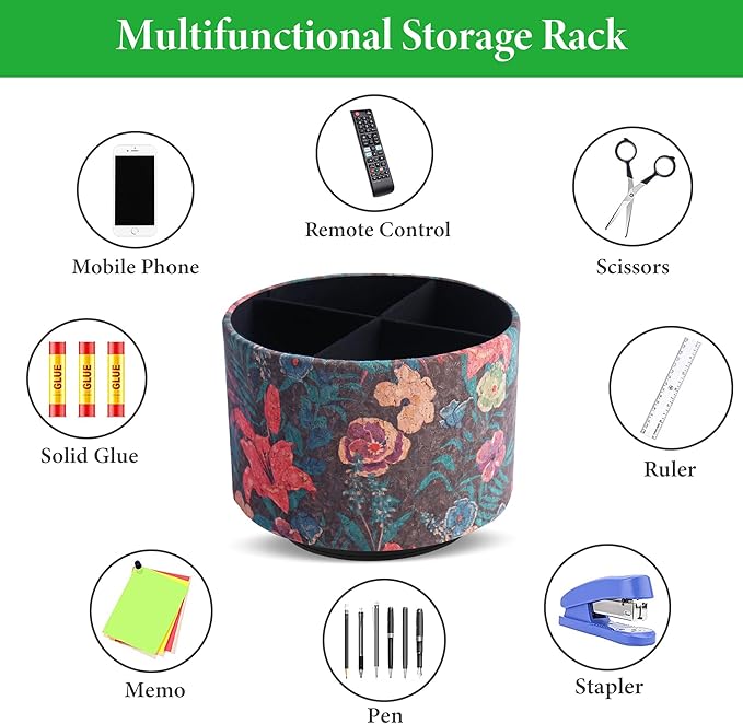 Round Leather Art Supply Organizer,Remote Control Holder,360 Degree Spinning,Multi-Functional Pencil Holder,4 Compartments Desktop Stationary Organizer(1-Wood Leather Red)