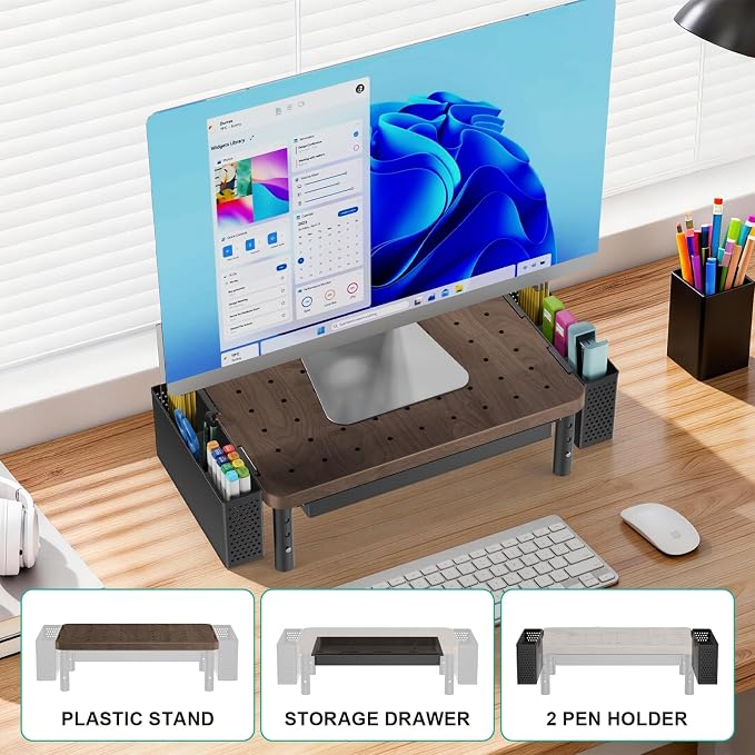 WALI Plastic Computer Monitor Stand with Storage, Desk Organizer with Drawer and Pen Holder, Desk Monitor Riser 3 Height Adjustable, Laptop Riser for Computer, Laptop, Printer(PTT003-C), 1 Pack, Brown - Image 7