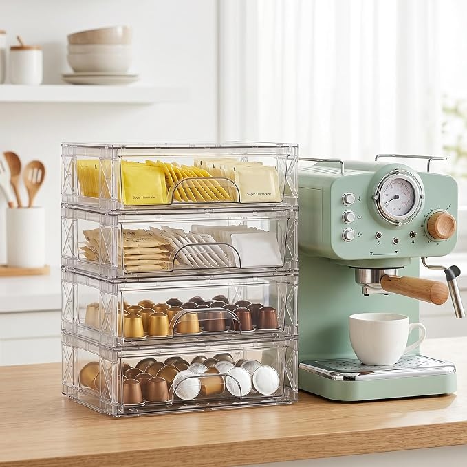 Clear Stackable Storage Drawers 4 Pack 3.5in Organizer Plastic Bins | Clear Plastic, Pull-Out Drawers, Easy Assembly, Stackable Design, for Cosmetics Bathroom Kitchen and Cabinet Storage - Image 2