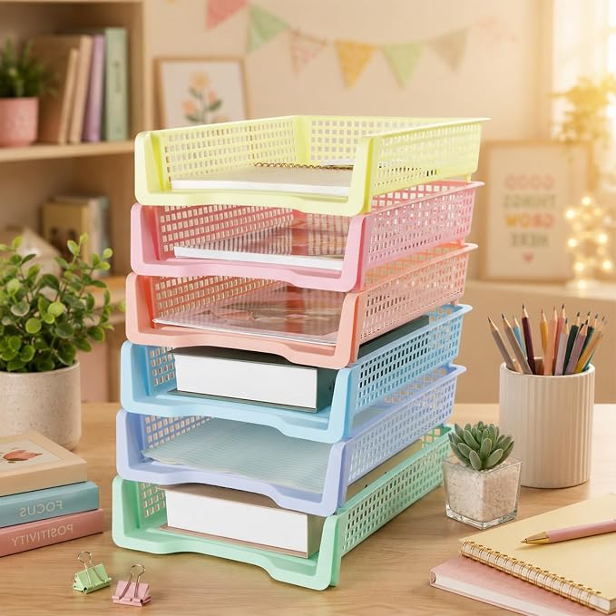 Set of 12 Pastel Turn in Trays for Teachers Stackable Classroom Paper Letter Trays Plastic Classroom Desk Letter Organizer Tray Storage Baskets for Library, Drawers, Office, Home - Image 5