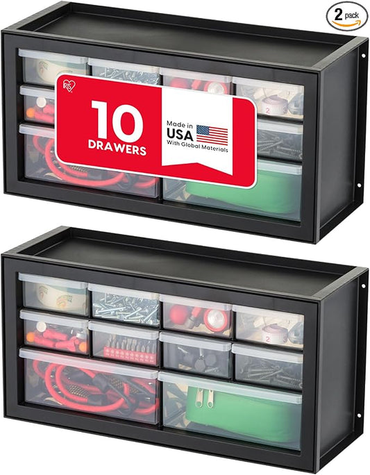 IRIS USA Plastic Storage Drawer Organizer, 10 Drawer Cabinet, 2 Pack, Black | Made in USA organizer stores hardware, beads, screws, classroom supplies, crafts, building bricks, and hobby items. by IRISUSA