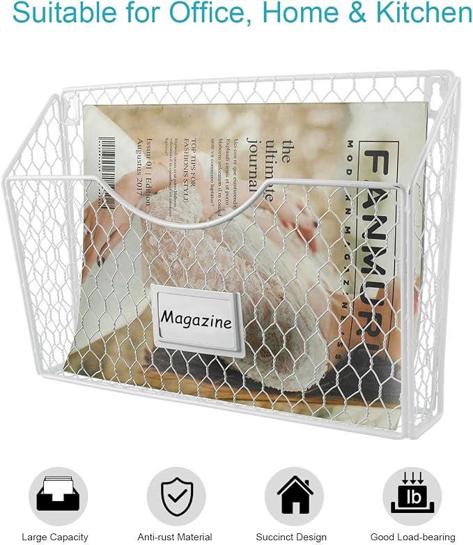6 Pockets Hanging File Holder Wall Mount Mail Organizer Metal Chicken Wire Magazine Rack with Tag Slot, White - Image 2