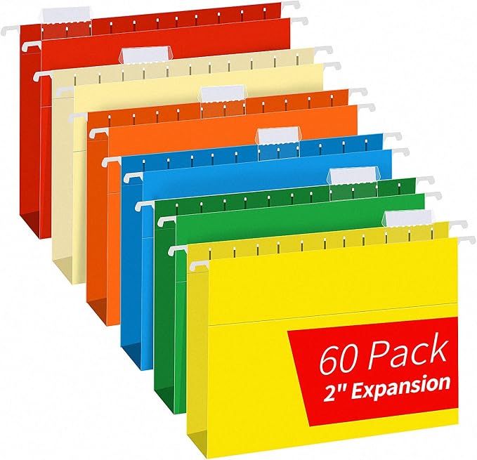 Extra Capacity Hanging File Folders, RAZCC 60 Pack Letter Size Reinforced Hanging Folders with Heavy Duty 2 Inch Expansion for Bulky Files, Filing Cabinet, Adjustable Tabs, Assorted Colors by RAZCC