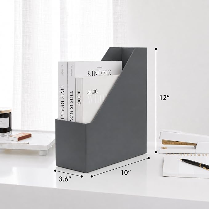 BLU MONACO | Set of 6 Foldable Grey Magazine File Holders with Gold Label Holders | Vertical File Organizer Boxes for Desk, Bookshelf & Home Office Storage - Image 8