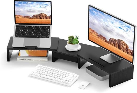 Dual Monitor Stand Riser - Computer Monitor Stand for 2 Monitors，Office Desktop Organizer，Adjustable Length and Angle 3 Shelf with Storage Drawer Phone Holder for Monitors and Laptops-Black by AFOOYO