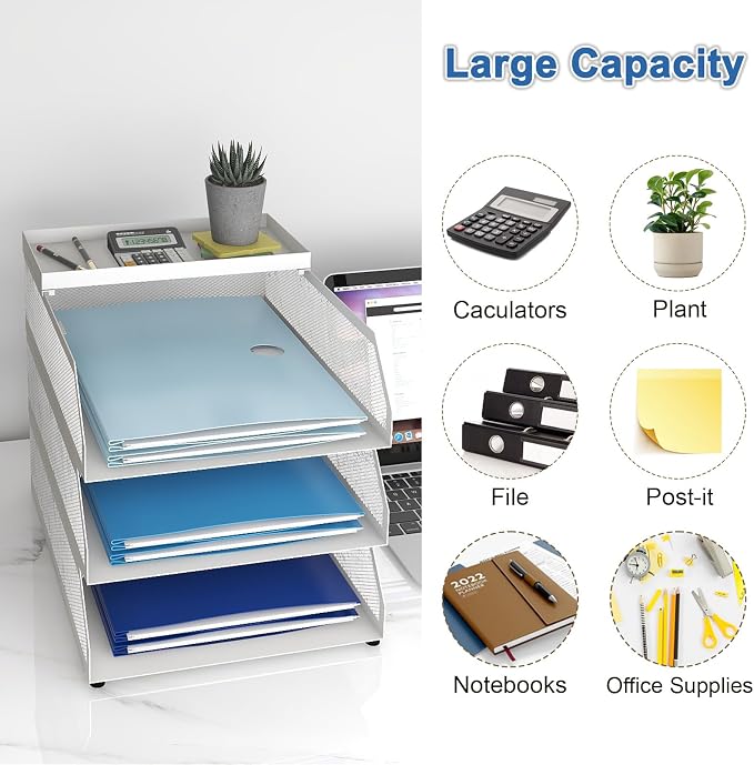 Natwind 3-Tier Stackable Metal Mesh Desk Paper Tray Organizer, White | Desktop Accessories for Office Supplies, Letter Tray For Paper Storage ,File Document Holder For Home School Classroom - Image 6