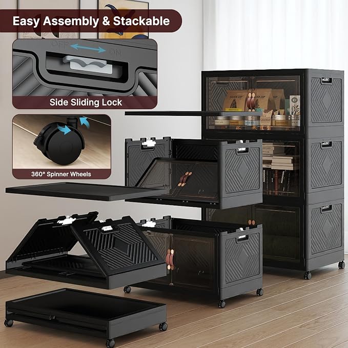Stackable Storage Bins, 525QT Collapsible Drawers with 1 Lid | Large Capacity, Magnetic Door, Stack Lock, Rolling Wheels, Foldable Design, Organizers and Storage for Bedroom Dorm Garage - Image 5