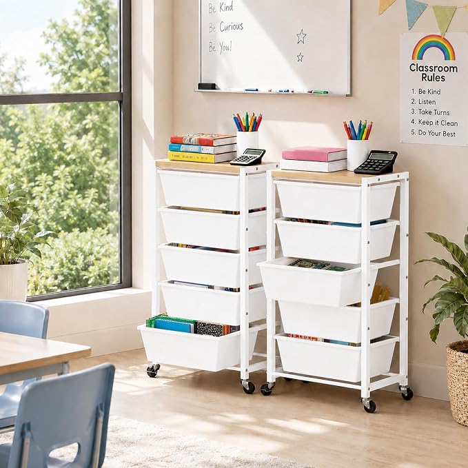 Rolling Cart with 5 Drawers, Plastic Drawer Storage Carts with Wheels & Wooden Tabletop, Metal Utility Cart for Office Bedroom Living Room Classroom, Craft Organization and Storage, White - Image 2