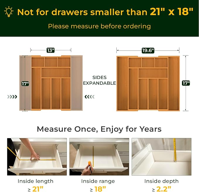 keechee Carbonized Bamboo Kitchen Drawer Organizer, 10 Slots Expandable Silverware Organizer, Utensil Holder & Cutlery Tray, 2.2" Deep for Extra Capacity, Non-Slip Feet Included - Image 2