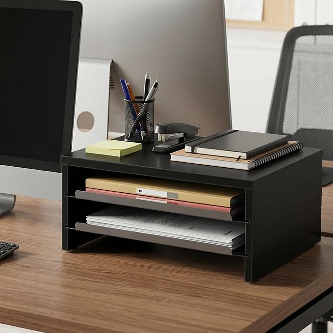 Fenge 14.3-Inch Monitor Stand with Slide-Out Trays, Wood & Metal Desk Shelf | 3-Tier Space-Saving Desk Storage Organizer, Fits Computer, Laptop, Printer and Telephone - Image 6