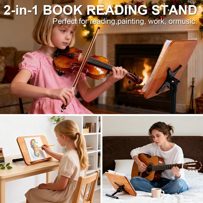 2 in 1 Dual-use Music Stand & Desktop Book Stand, Adjustable Height 16.5"-51", 100% Solid Wood Laptop Floor Stand Book Holder with Elastic Page Clips for Cookbooks (Brown) - Image 3