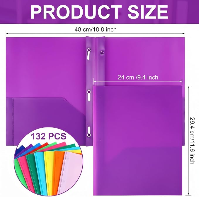 Cholemy 132 Packs Pocket Folders with Prongs Heavy Duty Plastic Folder with Business Card Slot 3 Prong Fasteners for School Office (Bright) - Image 2