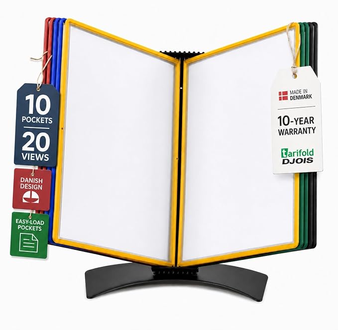 Tarifold Desktop Reference System, 10 Pockets, Easy-Load Design, Assorted | 10 Double-Sided Polypropylene Pockets, Holds 20 Letter-Size Sheets, Sturdy Metal Base, Quick and Easy to Assemble - Image 2