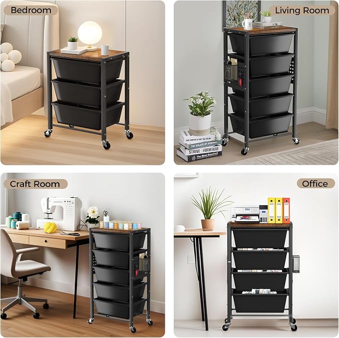 Rolling Cart with 3 Drawers, Plastic Drawer Storage Carts with Lockable Wheels & Wooden Tabletop, Metal Utility Cart Organizer, Office Bedroom Classroom Craft Organization and Storage, Dark Black - Image 6