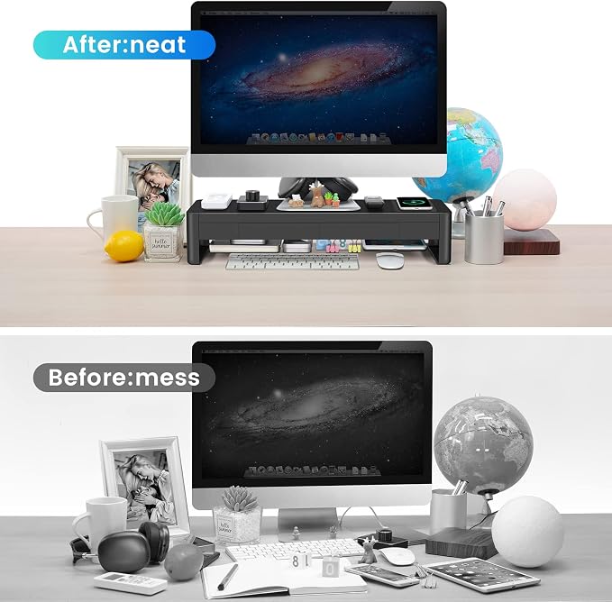 meatanty 3 In 1 Monitor Stand Riser with 2 Drawers,1 Wireless Charging Module and 4 USB Ports,Metal Computer Stand Support Transfer Data & Charging,Desk Organizer for PC,iMac (21 inches) - Image 4