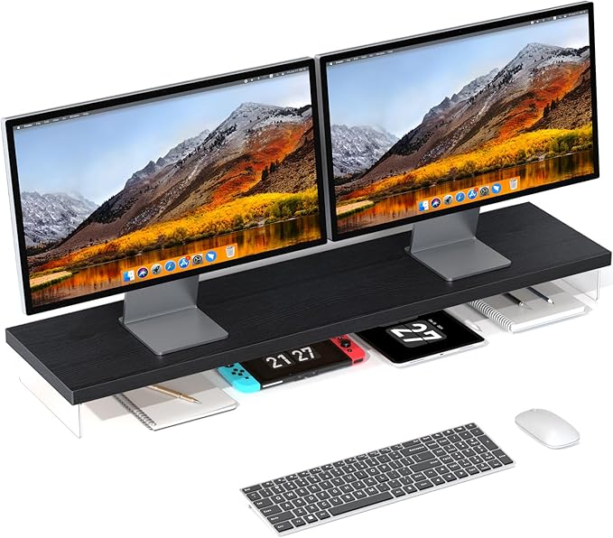 Dual Monitor Stand Riser, 40x10 in Wood & Acrylic Desktop Organizer Shelf | Computer Monitor Stand Riser With Wood & Acrylic Design; Fits 2 Monitors, Laptop, Printer And Desk Supplies For Office Use. by SSWOOD