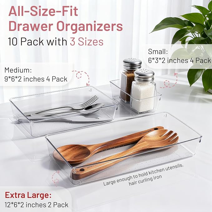 10 Pack Large Drawer Organizer Bins - Clear Plastic Bathroom Drawer Organizer Trays - Heavy Duty Kitchen Drawer Dividers for Utensils - Non-Slip Storage Bins for Makeup, Bedroom, Office Desk - Image 2